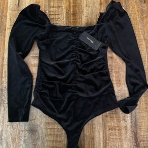 Shinestar medium long sleeve Black Velvet Bodysuit ruching off shoulders NWT